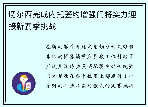 切尔西完成内托签约增强门将实力迎接新赛季挑战