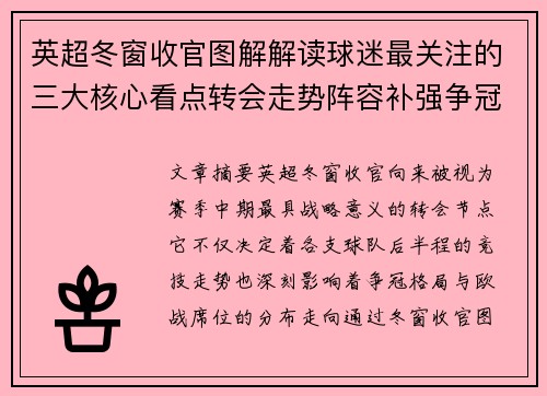 英超冬窗收官图解解读球迷最关注的三大核心看点转会走势阵容补强争冠 英超冬窗收官图解解读球迷最关注的三大核心看点转会走势阵容补强争冠